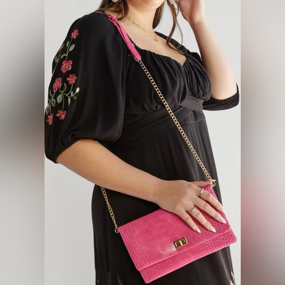 New Francesca’s  Michele Embossed Faux Leather Fold Over Clutch/ Crossbody Bag